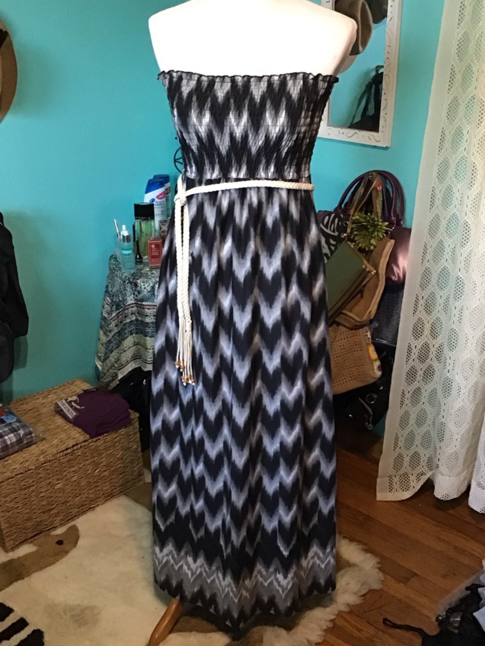 No Boundaries Black and Gray Strapless Chevron Maxi Dress
